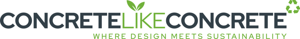 Logo for Concrete Like Concrete with the word LIKE in green and stylised with leaf shapes above. A recycling symbol is in the top right. Tagline below reads: “Where Design Meets Sustainability.”.