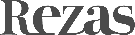 The image displays the word Rezas in a bold, elegant serif font with dark lettering on a transparent background.
