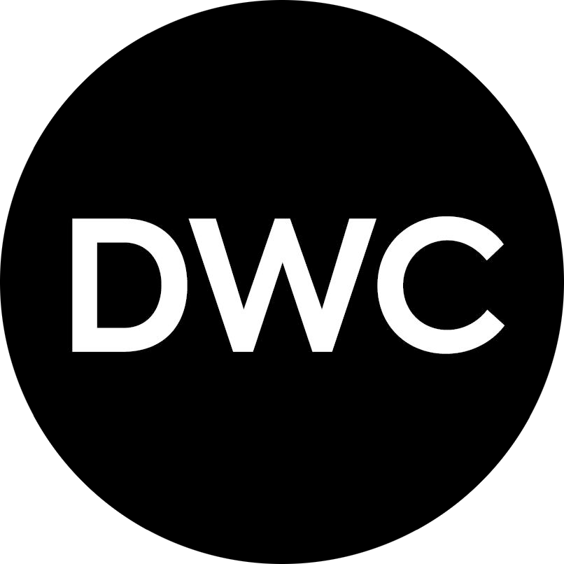White capital letters DWC centred on a solid black circular background.