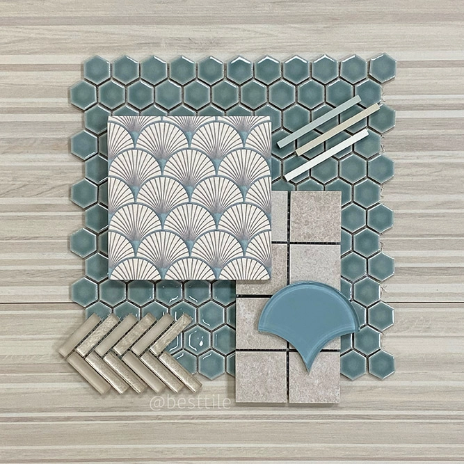 Wood Flooring Advice. An arrangement of blue hexagonal tiles, patterned fan tiles, beige rectangular and square tiles, blue fan-shaped tile, and narrow beige tiles on a light wood-textured background.