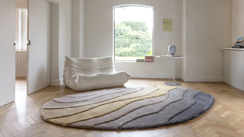 A modern, minimal living room with a large round textured rug, a cosy white lounge chair, a round side table with a vase, books on the sill, light wood floor, and a big window showing greenery outside.