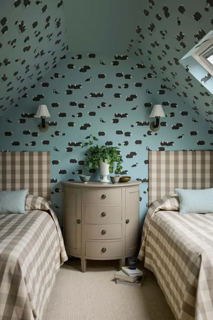 A cosy bedroom with two single beds featuring beige checked bedding, a small round beige chest of drawers between them, potted plants and books on top, and blue wallpaper with black sheep patterns on the walls and ceiling.