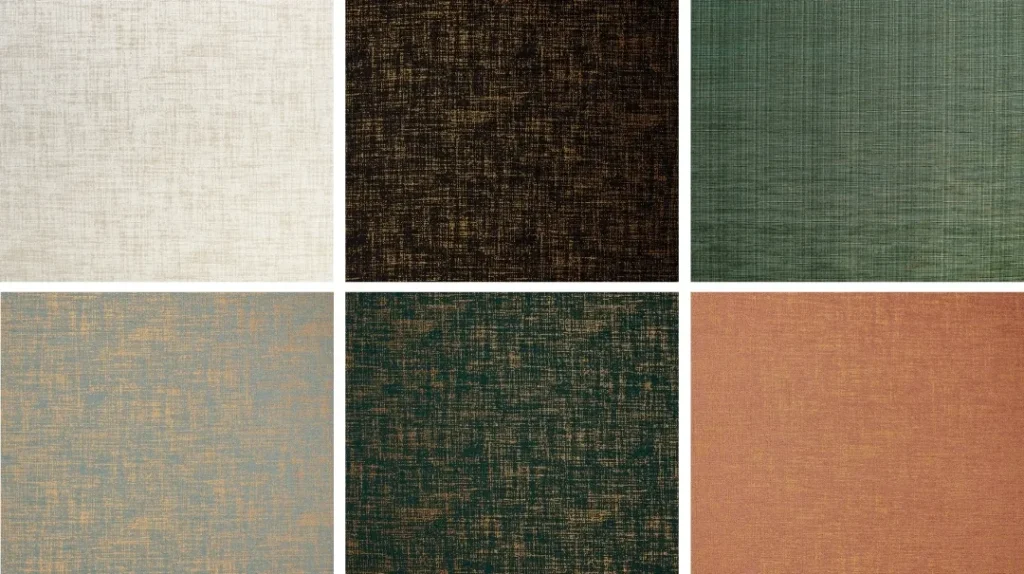 Six textured fabric swatches arranged in two rows and three columns, featuring various colours: off-white, dark brown, green, light blue, dark teal, and warm brown, each with a woven, crosshatch pattern.