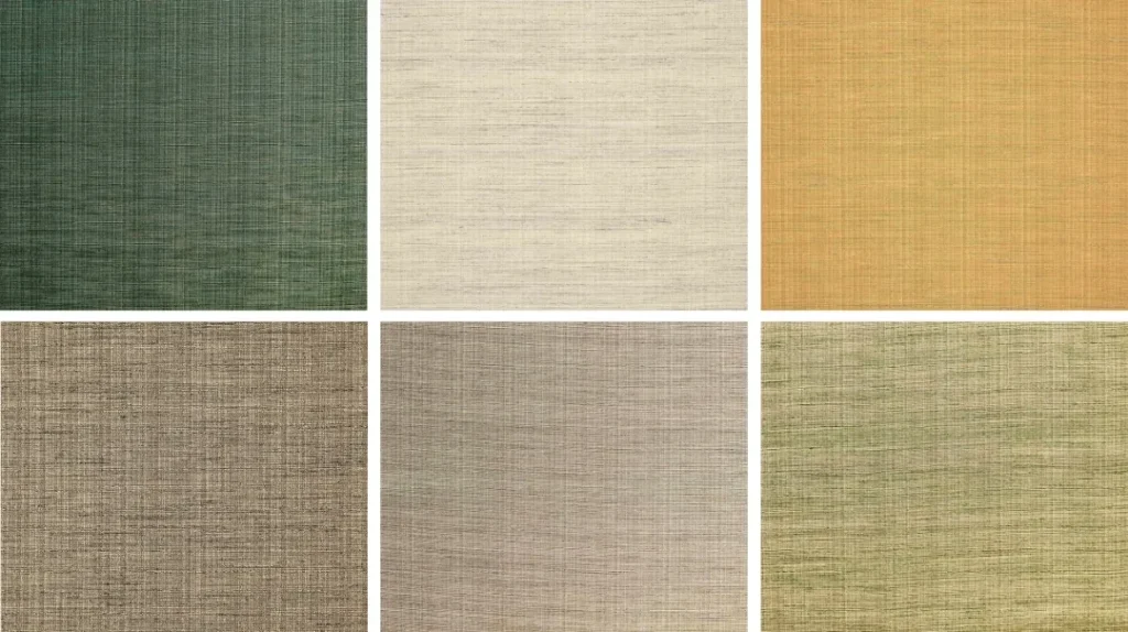 A 2x3 grid of six woven fabric textures in earthy tones: dark green, off-white, tan, brown, grey, and olive green. Each square features a subtle, natural-looking crosshatch pattern.