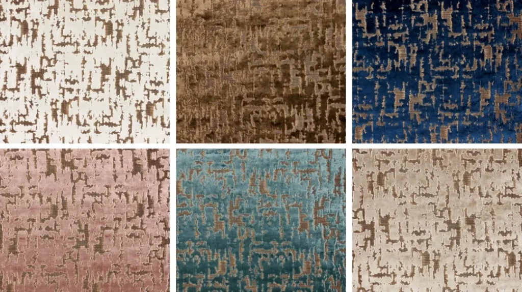Six rectangular fabric swatches are displayed in two rows, each with a similar abstract, textured pattern in different colours: cream, brown, navy blue, pink, teal, and beige.