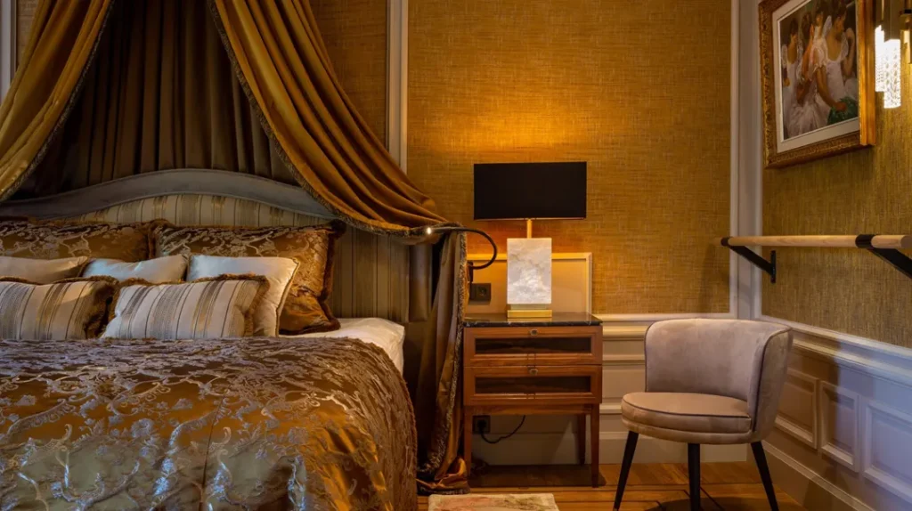 Elegant bedroom with gold and brown tones, featuring a four-poster bed with patterned bedding, a bedside table with a marble lamp, a beige chair, and framed art on the wall. Warm lighting creates a cosy atmosphere.