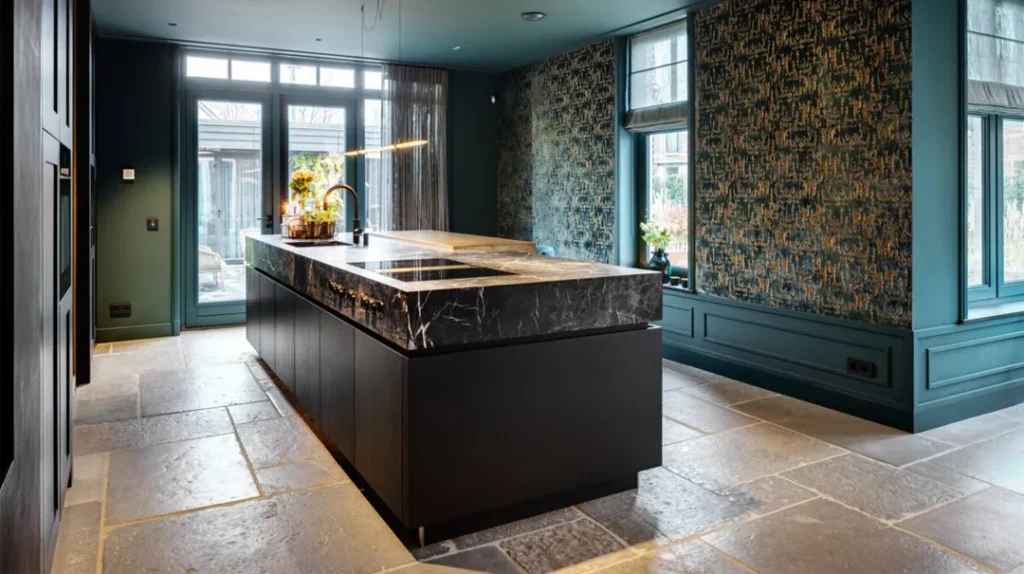 Modern kitchen with stone tile flooring, a large black marble island with a sink, dark cabinetry, patterned wallpaper, and large windows letting in natural light.