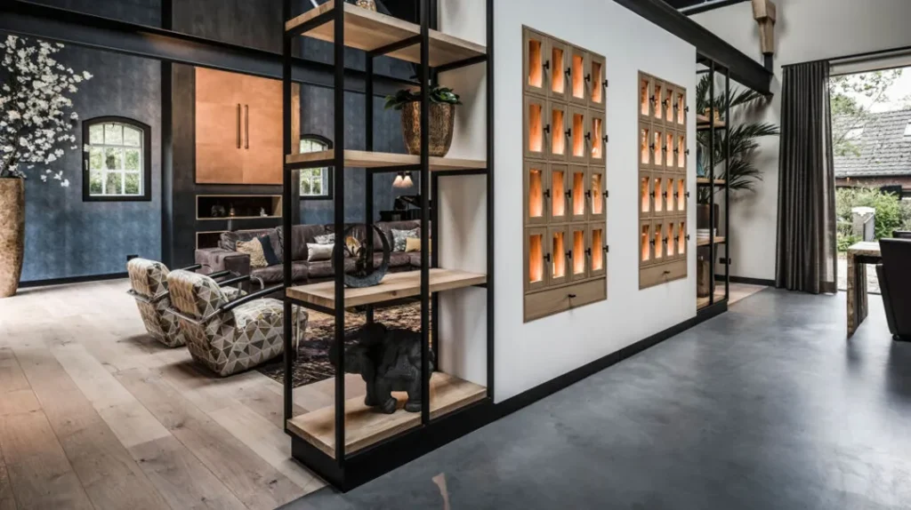 A modern living space with wooden floors, open shelving, and a white wall featuring illuminated decorative niches. Cosy seating and large windows are visible in the background.