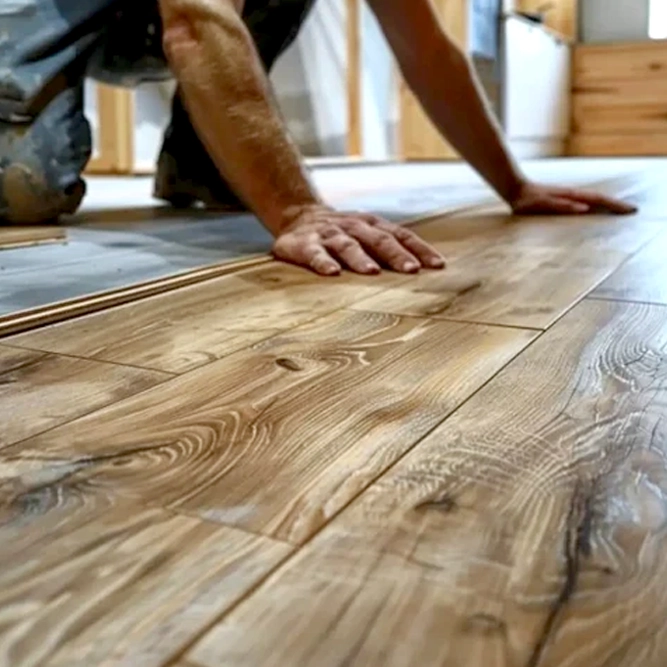 Wood Flooring Advice. Close-up of a person installing wooden laminate flooring, with hands pressing down the planks to fit them together. The image focuses on the texture and pattern of the light brown wood.