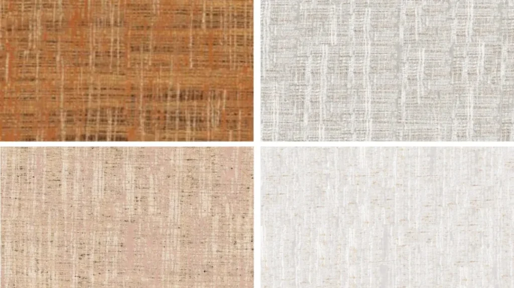 A grid of four woven fabric textures in different colours: top left is brown, top right is light grey, bottom left is beige, and bottom right is off-white. Each square has a subtle criss-cross pattern.