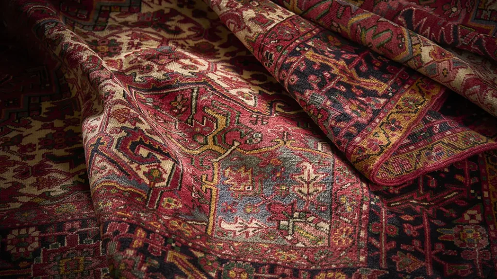 A close-up of a richly patterned, traditional Persian rug featuring vibrant red, gold, blue, and pink tones with intricate geometric and floral designs. The fabric appears soft and slightly creased.