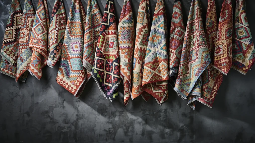 Colourful woven rugs with geometric patterns hang side by side on a dark grey textured wall, showcasing a variety of traditional designs in red, orange, blue, and beige tones.
