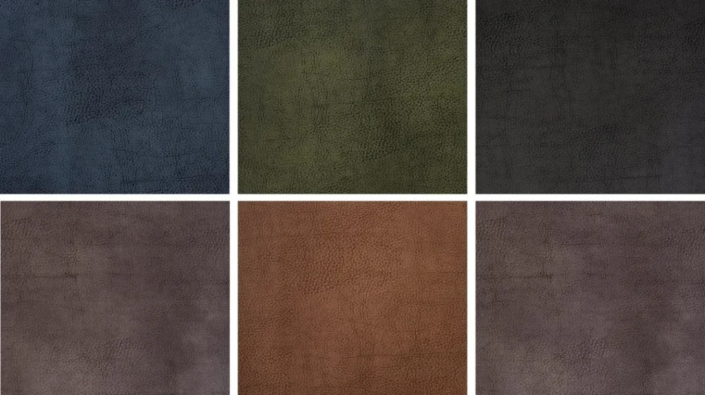 Six square swatches of textured leather in different colours: navy blue, olive green, charcoal grey, taupe, reddish-brown, and mauve. The surfaces have a slightly pebbled, natural grain pattern.