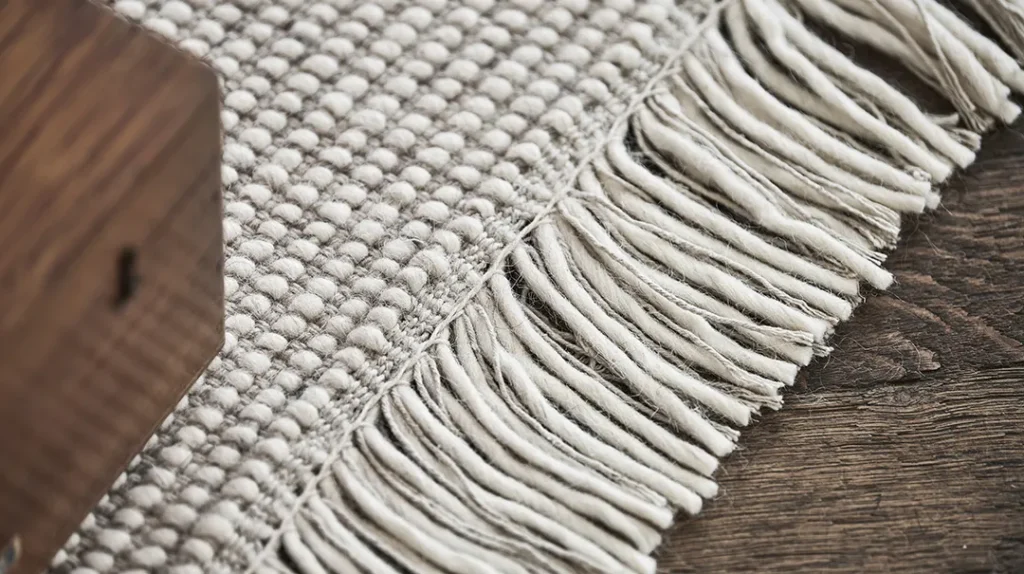 A close-up of a woven beige rug with thick, looped texture and fringed edges, placed on a dark wooden floor.