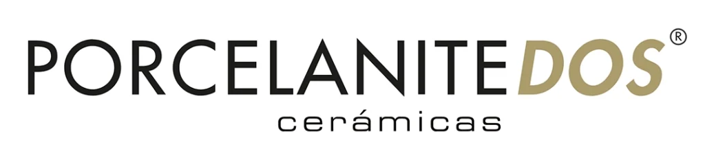 Logo for PORCELANITE DOS ceramics with PORCELANITE in black, DOS in gold, and ceramics in lowercase black letters underneath.