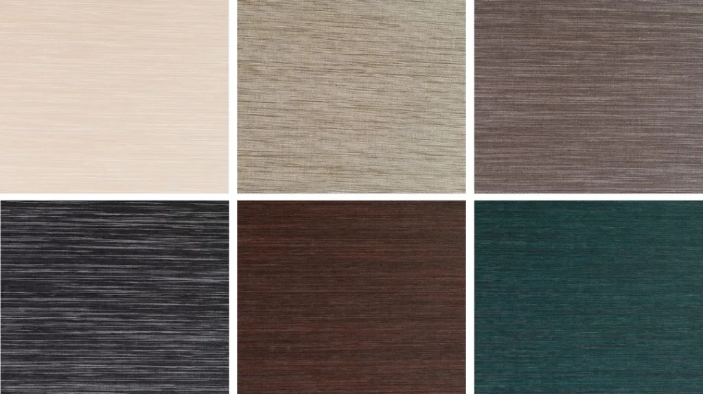 A grid of six square fabric swatches in various colours: beige, light grey, brown, black, burgundy, and dark teal. Each swatch has a subtle horizontal textured pattern.