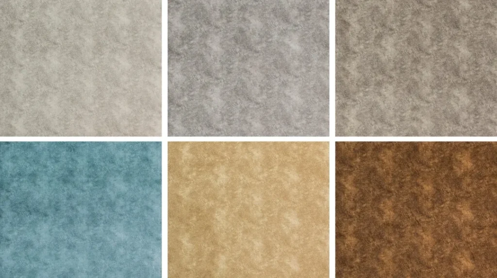 Six square samples of textured material are arranged in two rows. The top row shows light grey, grey, and brownish-grey colours; the bottom row shows light blue, tan, and brown colours.