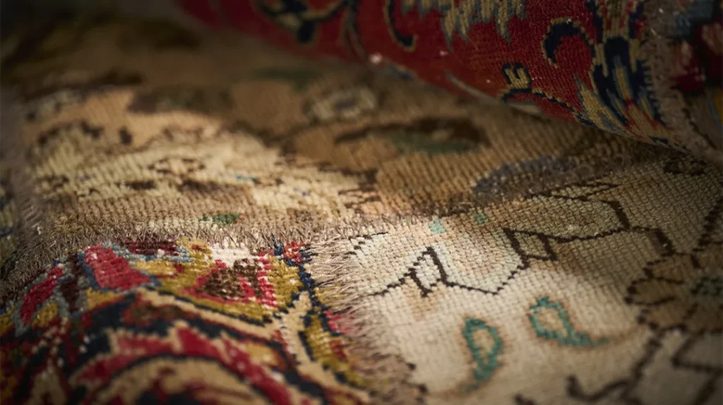 Close-up of an old, intricately woven carpet with faded colours and ornate patterns, showing worn fibres and visible signs of age and use, including frayed edges and threadbare areas.