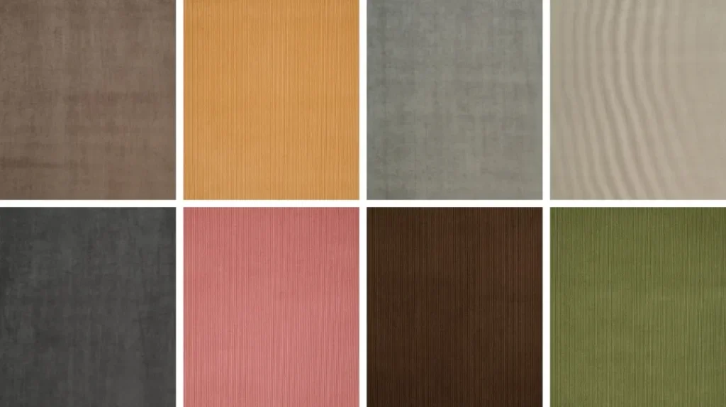 Eight rectangular fabric swatches in two rows, featuring solid colours: brown, mustard yellow, grey, beige, dark grey, pink, dark brown, and green. Some swatches show a subtle ribbed or corduroy texture.