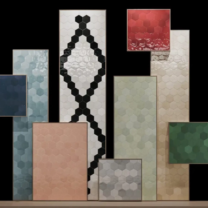 An arrangement of rectangular panels with hexagonal tiles in various colours, including black, white, beige, grey, red, green, and blue, against a black background. Some panels feature geometric patterns.