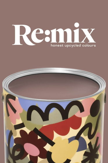A paint tin with colourful, abstract patterns sits against a mauve background. Above it, white text reads Re:mix honest upcycled colours. The paint in the tin matches the background colour.