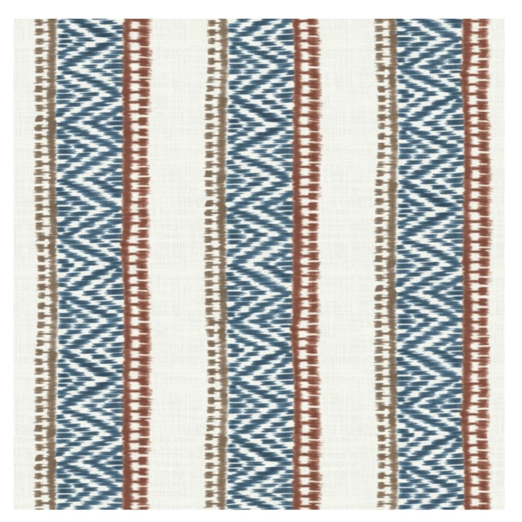 Textile pattern with vertical stripes in blue, brown, and beige on a white background. The blue stripes have a zigzag design, whilst the brown and beige lines are solid and dashed.